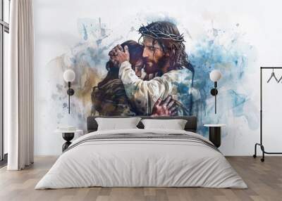 Jesus embracing the repentant thief on the cross in a digital watercolor painting on a white background. Wall mural