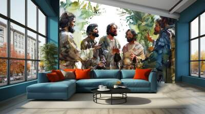 Jesus teaching his disciples the meaning of the parable of the sower through digital watercolor art on a white background. Wall mural