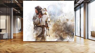 Jesus tenderly carries the lost sheep on his shoulders in a digital watercolor painting on a white background. Wall mural