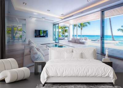 Modern white living room interior design with ocean view beach house architecture home decor seaside lifestyle luxury villa real estate tropical house rental property caribbean decoration Wall mural