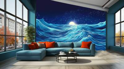 Night seascape ocean waves moonlight night sky stars abstract art background wallpaper illustration digital art fantasy landscape painting scenic view blue nature water sea waves ocean artwork sea Wall mural