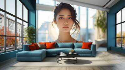 Portrait asian young woman beauty face natural makeup fresh skin beautiful model girl looking camera posing indoor home care wellness spa treatment cosmetics fashion style hair interior apartment Wall mural