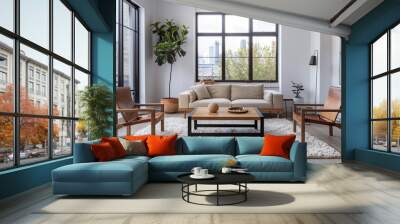 Scandinavian-inspired living room with natural materials. Light oak sofa, leather chairs, wooden table. Minimalist coffee table, industrial touch. Floor-to-ceiling window for natural light. Wall mural