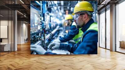 Smart factory workers using machine to control and control production line in factory. Wall mural