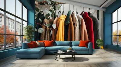 Stylish clothes hanging on rack in modern dressing room, closeup Wall mural