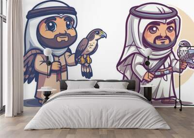 Two Arab men with falcon bird traditional clothing falconry wildlife conservation cultural heritage middle east illustration cartoon character isolated background vector mascot design graphic element Wall mural