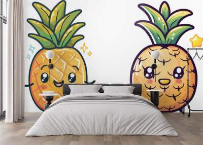 Two Cute Cartoon Kawaii Pineapple Characters Happy Smiling Tropical Fruit Summer Illustration Food Design Wall mural