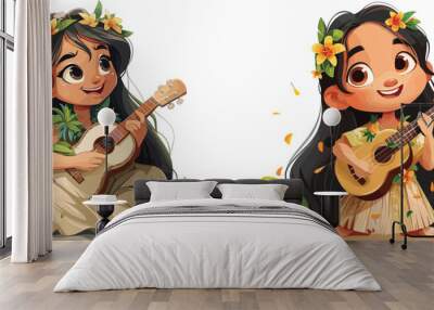 Two Cute Hawaiian Girls Playing Ukulele Cartoon Character Tropical Flowers Music Island Fun Summer Vacation Hawaii Culture Traditional Instrument Kids Illustration Entertainment Happy Childhood Wall mural