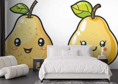 Two cute kawaii pears with happy faces cartoon illustration fruit healthy food sweet snack organic vegetarian diet natural ingredient vitamins dessert yellow green stem leaf isolated white background Wall mural