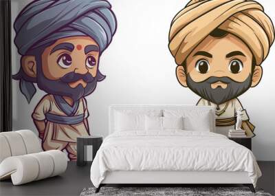 Two Indian men wearing traditional Kurta Pajama and turban character design cartoon illustration vector isolated on white background India people avatar set cultural diversity concept image full body Wall mural