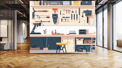 Workshop interior workbench tools equipment garage storage DIY workspace craftsman carpentry carpentry tools repairman hand tools instruments renovation building construction house maintenance Wall mural