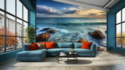 beautiful sea background, with sunset or sunrise, sea water wave background, water reflection  Wall mural