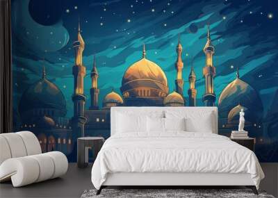 Free Eid Mubarak realistic silhouette of moon and mosque Generative AI Wall mural