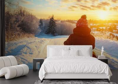 Child sledding down a snowy hill at sunset in a winter landscape Wall mural