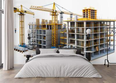 Construction site with building framework and cranes in progress isolated on transparent background Wall mural