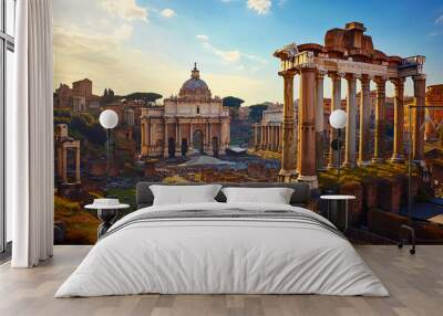 Exploring the ancient ruins of Rome during sunset with iconic pillars and historic architecture Wall mural