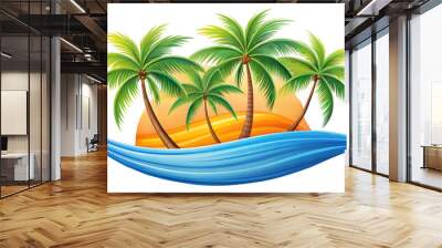 Tropical sunset with palm trees and ocean waves isolated on transparent background Wall mural