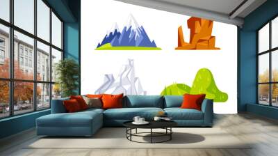 Set of four different mountain illustrations showing snowy peaks, rocky formations and green hills Wall mural