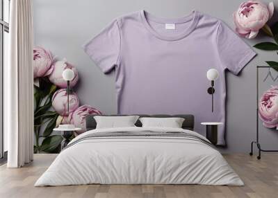 Free photo New t shirt and pink flower on wooden background with copy space Wall mural