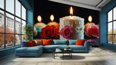 Free Photo white candle new a rose flower on stone panoramic background. Wall mural