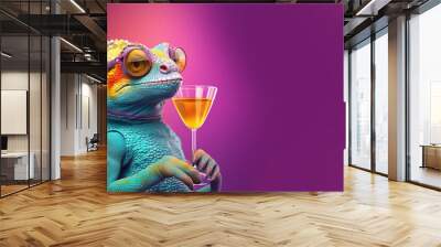 A chilled out chameleon wearing shades sipping juice Wall mural