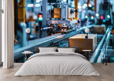 A packaging line in a factory, with machines wrapping and labeling products Wall mural