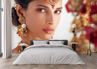 Beautiful indian bride wearing gold jewellery and makeup Wall mural