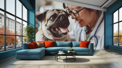 Chinese female vet petting a Pug during a routine check-up, modern veterinary clinic Wall mural