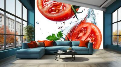 floating isolated tomato with water splash, two slice on white background Wall mural