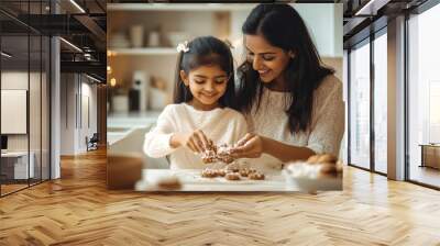 Indian mother and daughter baking cookies together in the kitchen Wall mural