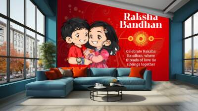 Raksha Bandhan indian festival social media post design with brother and sister vector illustration Wall mural