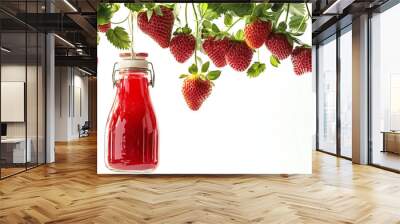 Strawberry juice bottle hanging on strawberry plant Wall mural