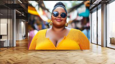 Stylish plus size woman in contemporary attire, standing confidently in a bustling market area Wall mural