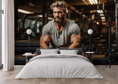 Young smart sports man in the gym with equipment sitting on table Wall mural