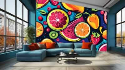 Brightly colored fruit and citrus illustration Wall mural