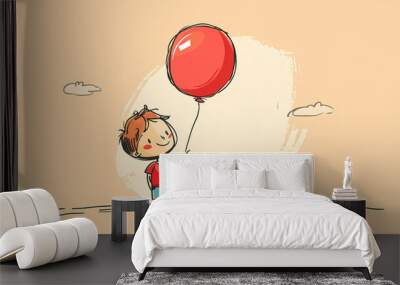 Simple drawing of a boy with a red balloon Wall mural