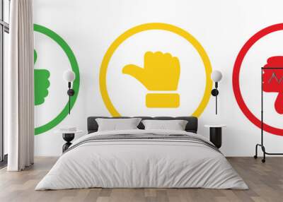 Like, dislike and neutral thumb symbols in green, yellow and red color outline. Feedback and rating thumbs up and thumbs down icon set. Thumbs up, down and sideways symbols. Wall mural