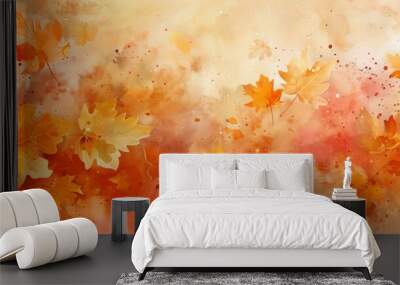 Autumn fall season orange colorful watercolor background design with orange leaves and flower Thanksgiving greetings wallpaper Wall mural