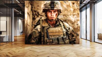 Focused military soldier in army uniform wearing combat gear, courage in military service Wall mural