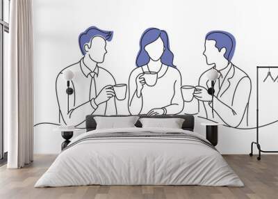  men and women talking about cafe management policies, doodle continuous line art vector illustration Wall mural