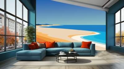 Beach landscape showcasing a bright blue sky and warm orange sand, perfect for a day of leisure flat vector illustration Wall mural