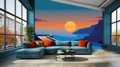 Colorful spring sunset on the cape Milazzo, nature reserve Piscina di Venere, Sicily, Italy, Tyrrhenian sea, Europe flat vector illustration Wall mural