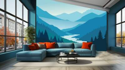 Foggy valley surrounded by lush trees and rolling hills, creating a tranquil and picturesque landscape flat vector illustration Wall mural