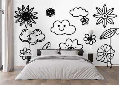 Hand drawn Cute kid flower, cloud, summer illustration. Hand drawn doodle sketch children cute vector school chalk background. white background Wall mural