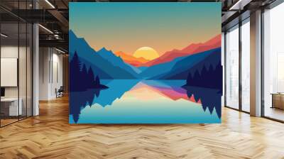 Summer sunrise on the incredibly beautiful Swiss lake Obersee, located near Nafels village. Alps, Switzerland, Europe. Flat vector illustration Wall mural