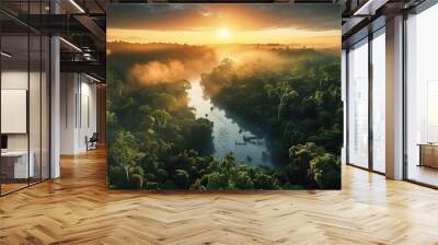 AI Generated. AI Generative. Beautiful green amazon forest landscape at sunset sunrise. Adventure explore air dron view vibe. Graphic Art Wall mural