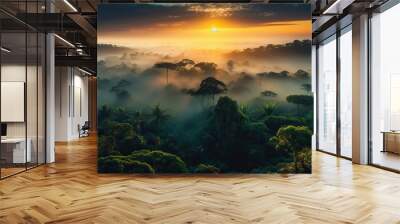 AI Generated. AI Generative. Beautiful green amazon forest landscape at sunset sunrise. Adventure explore air dron view vibe. Graphic Art Wall mural