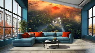 AI Generated. AI Generative. Beautiful green amazon forest landscape at sunset sunrise. Adventure explore air dron view vibe. Graphic Art Wall mural