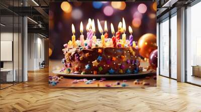 AI Generated. AI Generative. Birthday party cake pie hand made baked sweet desert with many bright candleCan be used like mock up decoration background. Wall mural