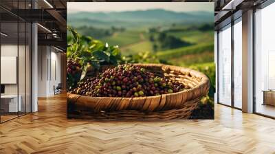 AI Generated. AI Generative. Coffee beans plantation nature outdoor landscape. Can be used for food travel promotion. Wall mural